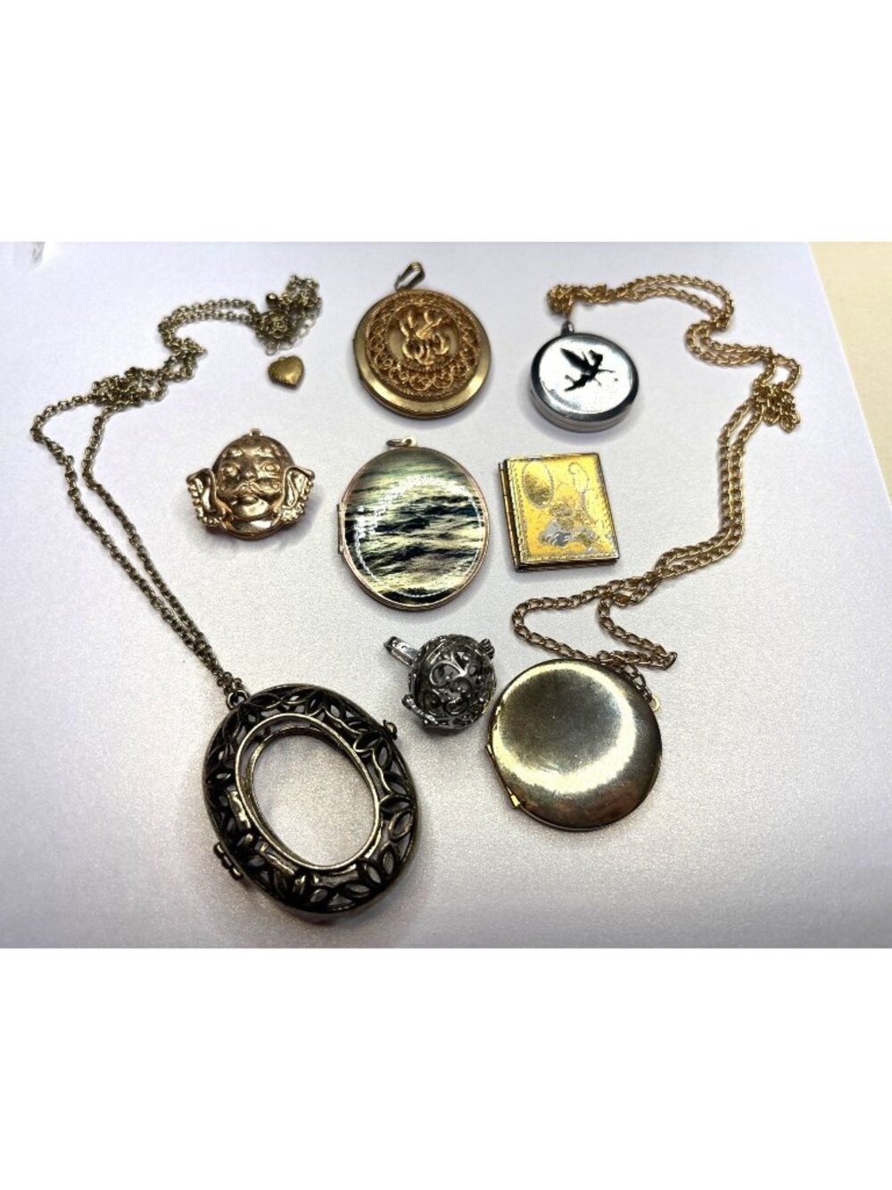 9 Lockets: Fairy (Tinkerbell?), Vintage Book, Seascape, Wedding Photo Inside